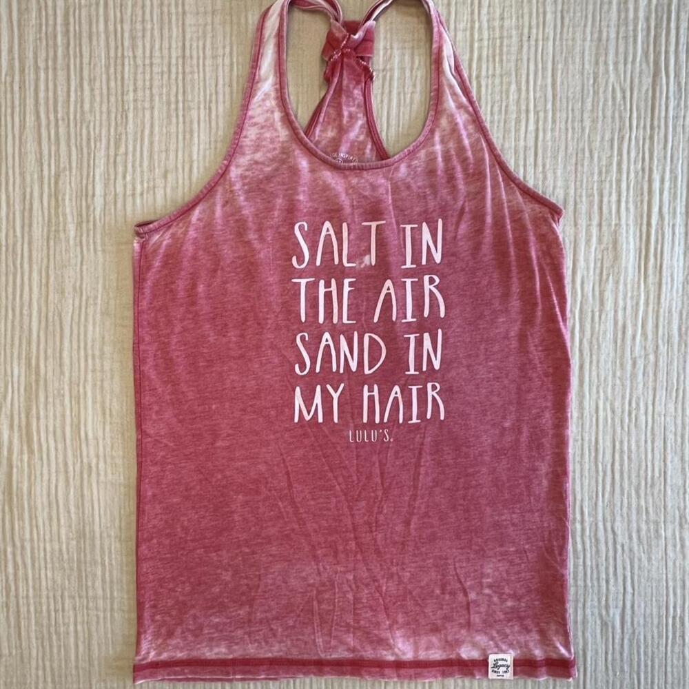 Lulu’s pink tie dye tank top with "salt in the air sand in my hair" graphic